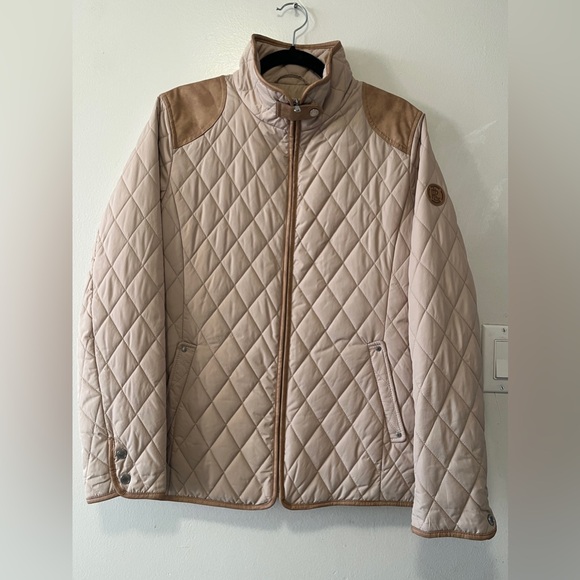 Ralph Lauren Diamond Quilted Barn Jacket With Faux Leather Trim Oatmeal Size M - Picture 2 of 13